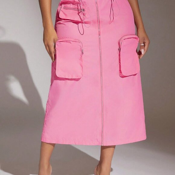 Pink Casual Womens Drawstring Waist Zip Up Pocket Patched Skirt - Picture 5 of 5